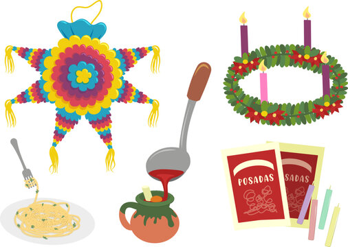 Elementos en una posada de navidad. Piñata, ponche, corona de adviento, letanía y comida. Tradición religiosa y cultural en México. Vector