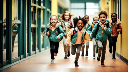 Fototapeta premium He watched the pupils rush through the school corridor, faces alight with excitement.