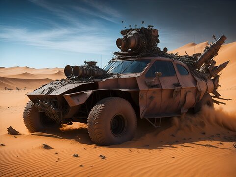 modified car in a post-apocalyptic desert, generative AI