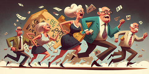 Group of screaming alarmed and ambitious people are passionate about accumulation of wealth, effectively moving in pursuit of money, which accurately and quickly fly along with bills