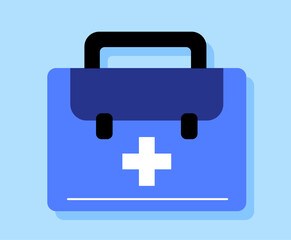 Medical first aid kit sticker concept. Treatment and health care. Bag with drugs and medicines. Template, layout and mock up. Cartoon flat vector illustration isolated on blue background