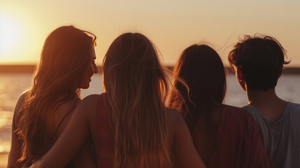 Group of friends having good time at the beach with sunset view