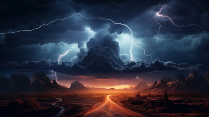 A stormy night with a road illuminated by lightning