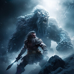 Obraz premium Epic viking warrior fighting a collossal frost giant