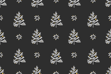 Christmas seamless pattern, gift wrapping paper design. White vector Christmas trees on black background, holiday texture - 627852923
