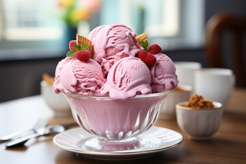 Close up of pink ice cream with berries. - obrazy, fototapety, plakaty