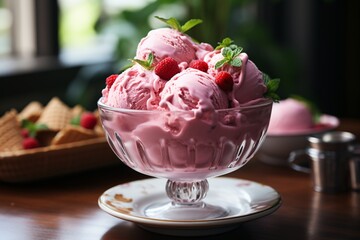 Close up of pink ice cream with berries.