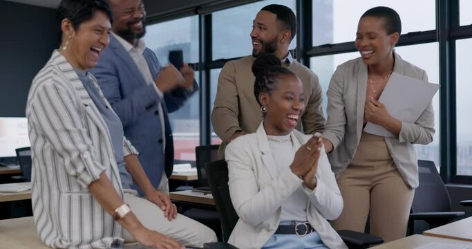 Clapping hands, achievement and team of business people in the office by a computer for success. Diversity, good news and group of professional corporate lawyers cheering by technology in workplace.