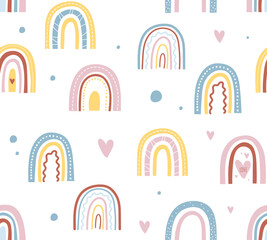 Seamless pattern with rainbow. Repeating design element for printing on fabric. Aesthetics and elegance. Dream, imagination and fantasy. Art in scandinavian style. Cartoon flat vector illustration