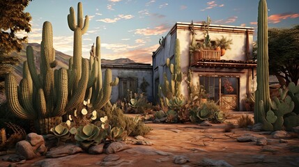 illustration, beautiful house with cacti and plants, ai generative