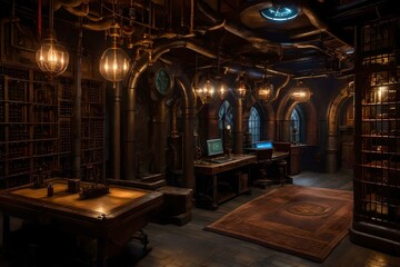 An underground gaming den hidden beneath a steampunk city. The environment should be dimly lit by warm Edison bulbs and adorned with gears, cogs, and industrial machinery - obrazy, fototapety, plakaty