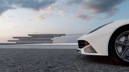 White car on road at sunset 3d render
