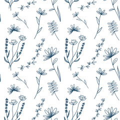 Minimalistic Line Art Floral Seamless Pattern. For design and print. 