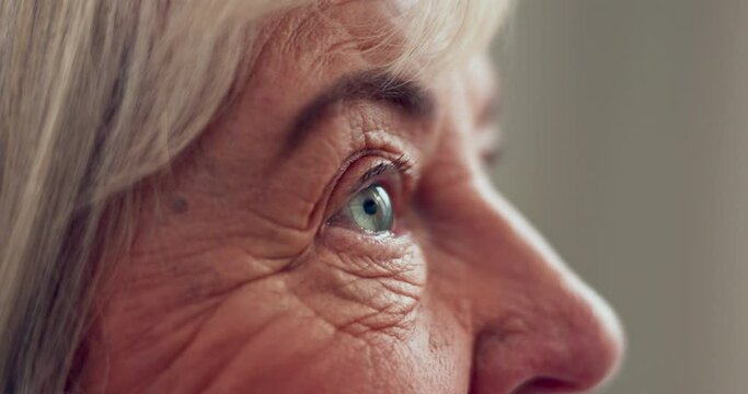 Senior woman, eyes and focus for eye exam, test or assessment of vision, eyesight and optometry for elderly patient. Eye, closeup and old lady thinking with wrinkles, natural skin and wellness