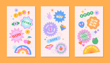 Vector insta story templates with patches and stickers in 90s style.Smm banners in y2k aesthetic with chess background.Funky designs for social media marketing,branding,packaging