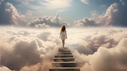 woman walking the stairway to heaven - Powered by Adobe