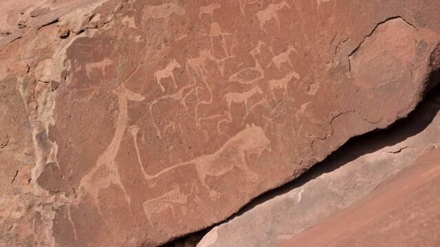 Rock cravings petroglyphs older than pyramids at Twyfelfontein in Damaraland Namibia. Animals rock paintings. High quality 4k footage