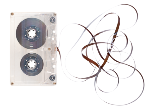 Cassette tape with the tape pulled out on an isolated background.