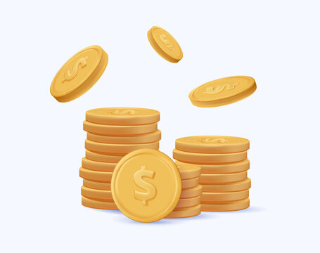 3D realistic golden coins pile. Money, profit gold money, cash or treasure. Growth, Income, Savings, Investment 3D