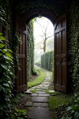 Obraz premium 3d rendering of a fantasy doorway portal framed by green vines leading into a idyllic garden. Generative AI