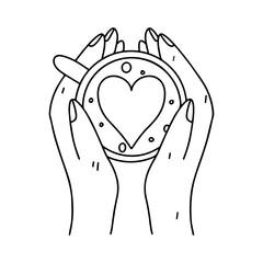 A cup of hot drink in hands. Hand drawn doodle style. Vector illustration isolated on white. Coloring page.
