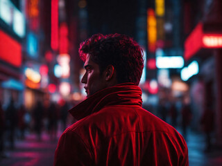 a man in a neon light city street