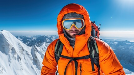 Happy and smiling young hiker man taking selfie portrait on the top of mountain. Handsome male traveler. Tourism, healthy lifestyle  or sport life style concept. Illustration for design.