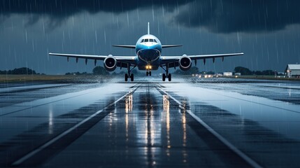 Night view of airplane on airport runway. Aviation technology and world travel concept. Illustration for banner, poster, cover, brochure or presentation.