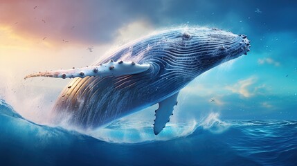 Humpback whale jumping out of the water and ready to fall on its back. At sunset. Seascape with ocean waters and cloudscape. Illustration for cover, postcard, interior design or print.
