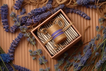 Twine gift boxes with lavender and lit candle on kraft paper. Generative AI