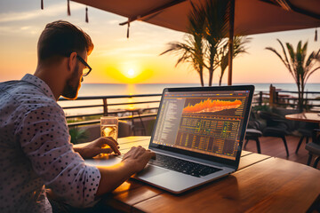 Nómada digital de negocios trabajando en la playa junto al mar durante la puesta de sol frente a palmeras. Freelance, trabajo remoto con portátil en vacaciones trading. Empleos del futuro online. - obrazy, fototapety, plakaty