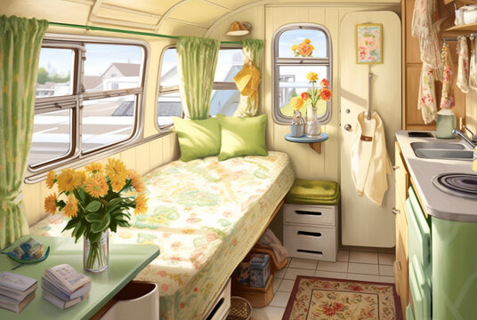 Interior of a tiny camper van with bed and small kitchen. Generative AI