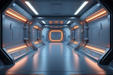 Futuristic spaceship interior with glowing lights. 3D Rendering, 3D rendered illustration of empty illuminated spaceship corridor, AI Generated