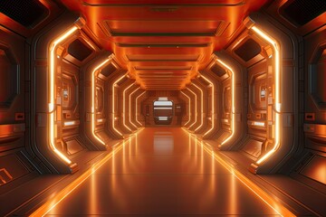 Naklejka premium Futuristic scifi tunnel corridor with glowing lights 3d rendering, 3D rendered illustration of empty illuminated spaceship corridor, AI Generated
