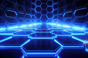 Abstract futuristic background with hexagons and blue neon lights. 3d rendering, 3D rendering of abstract hexagon background with blue neon lights, AI Generated