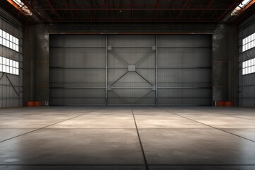 3d rendering of an empty warehouse with a lot of windows. 3d rendering of large hangar building and concrete floor and open shutter door in perspective view for background, AI Generated - Powered by Adobe