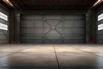 Fototapete Flugzeug 3d rendering of an empty warehouse with a lot of windows. 3d rendering of large hangar building and concrete floor and open shutter door in perspective view for background, AI Generated