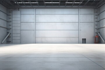 3d rendering of an empty warehouse with a large blank wall. 3d rendering of large hangar building...