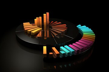 3d rendering of pie chart in black background with colorful rainbow bars, 3d rendering of pie chart in Black background with business charts and graphs, AI Generated