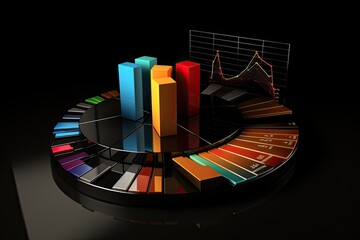 3d illustration of pie chart over black background with bars and charts, 3d rendering of pie chart in Black background with business charts and graphs, AI Generated