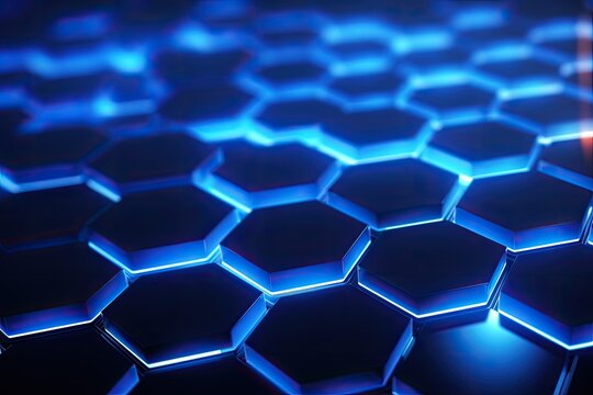 Abstract blue glowing hexagon background. 3d rendering toned image, 3D rendering of abstract hexagon background with blue neon lights, AI Generated