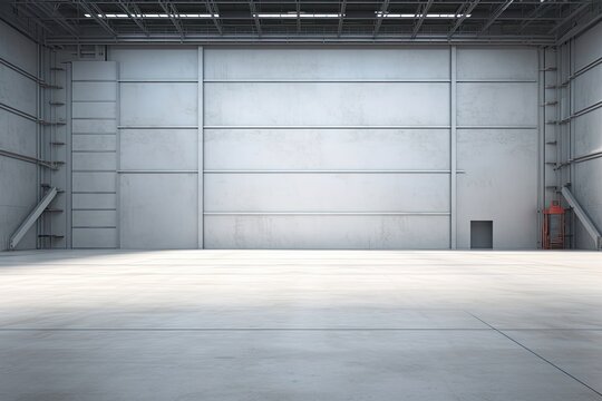 3d rendering of an empty warehouse with a large blank wall. 3d rendering of large hangar building and concrete floor and open shutter door in perspective view for background, AI Generated
