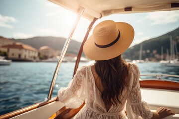 Beautiful young woman in hat and white dress sitting on the deck of a yacht and looking at the sea,...