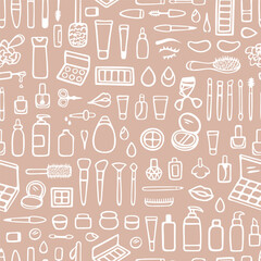 Vector seamless pattern with makeup, beauty elements. Hand drawn, doodle style. Design for wrapping paper, fabric, wallpaper, packaging.