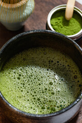 Matcha green tea in a bowl. View from above.