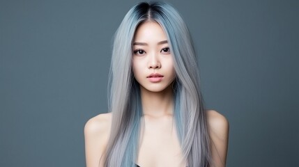 Naklejka premium Beautiful woman with blue long hair bust up image on studio background. lgbtq concept