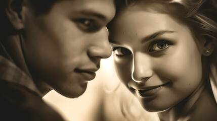Fototapeta premium Man and woman. Tenderness and love. Black and white. Minimalism. Close-up.