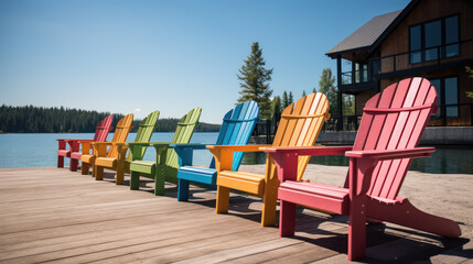 Fototapeta na wymiar Colorful Muskoka Chairs for People to Relax in during the Tour