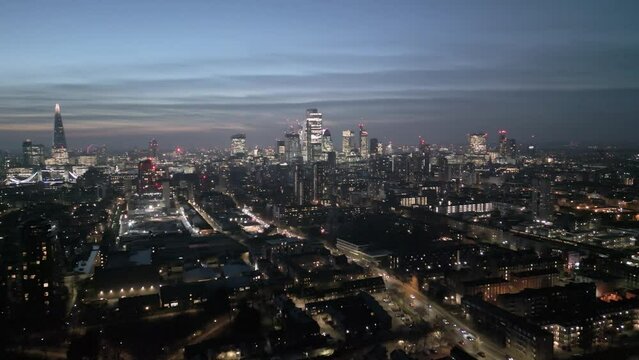 London City Skyline at night Aerial shot.