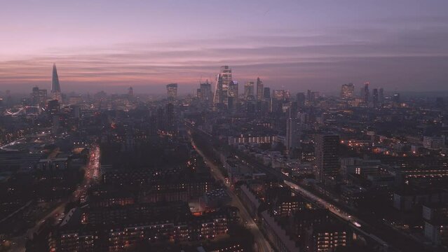 London Skyline wapping area, Early Evening Drone Shot Cityscape